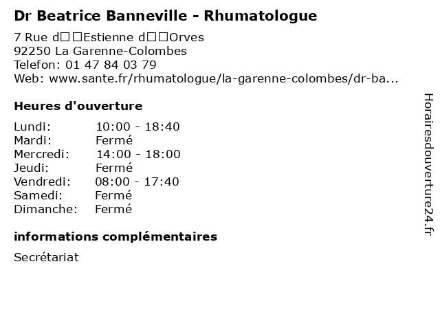 Horaires d ouverture Dr Beatrice Banneville Rhumatologue